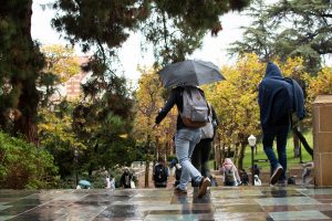Students bustling outside of Kerkhoff. Photo by Tess Horowitz