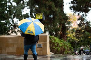 Student showing school pride even in the rain,