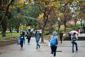 Busy rainy day on Bruinwalk