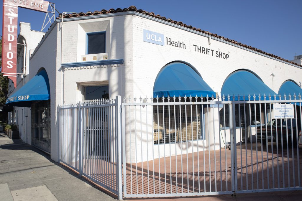 The outside corner of the UCLA Thrift Shop. Located at 11271 Massachusetts Ave. in Sawtelle about two miles away from campus, the UCLA Thrift Shop can be a fun trip for you and your friends to go on a treasure hunt.