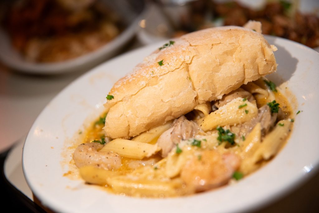 The buttery pasta Felix is served with a shrimp scampi that will please seafood lovers. Photographed by Finn Martin/BruinLife.