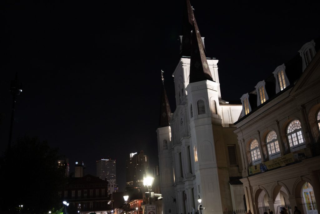 Saint Louis Cathedral, the seat of the Archdiocese of New Orleans and one of the oldest Catholic cathedrals in the continental United States, towers over Jackson Square. Photographed by Finn Martin/BruinLife.