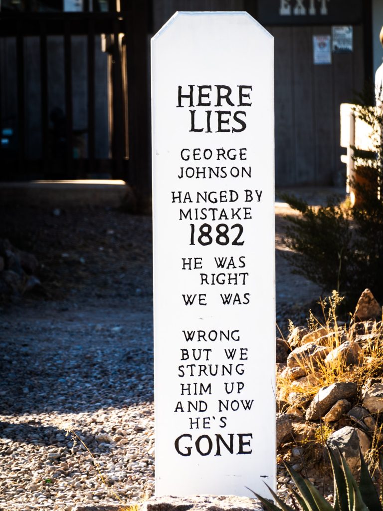 Having unknowingly bought a stolen horse, George Johnson was hanged on the lethal charge of horse theft. Only after did the town realize its mistake, for which they've exonerated him in his tombstone. Photographed by Finn Martin/BruinLife.