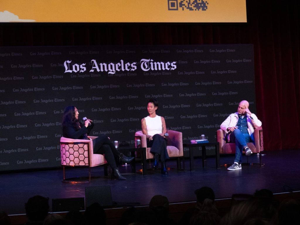 (Left to right) Laurie Ochoa, Kristen Kish and Tom Colicchio talk Top Chef and more in the Bovard Auditorium. Photographed by Finn Martin/BruinLife.
