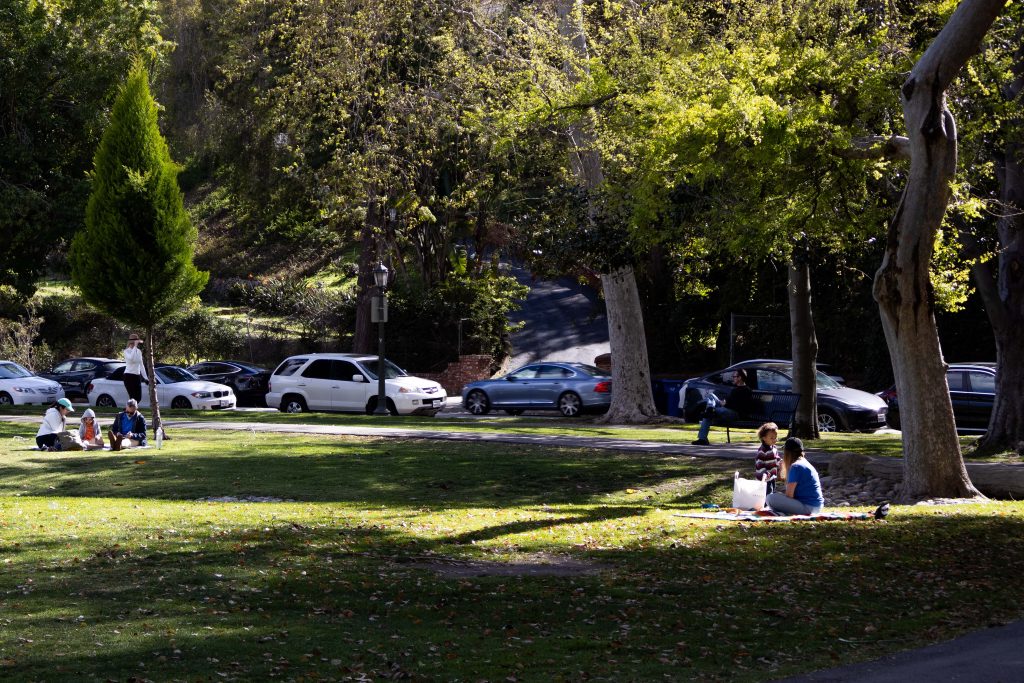 A mother and son picnic on the grass by a mature tree. Photographed by Julia Gu/BruinLife.