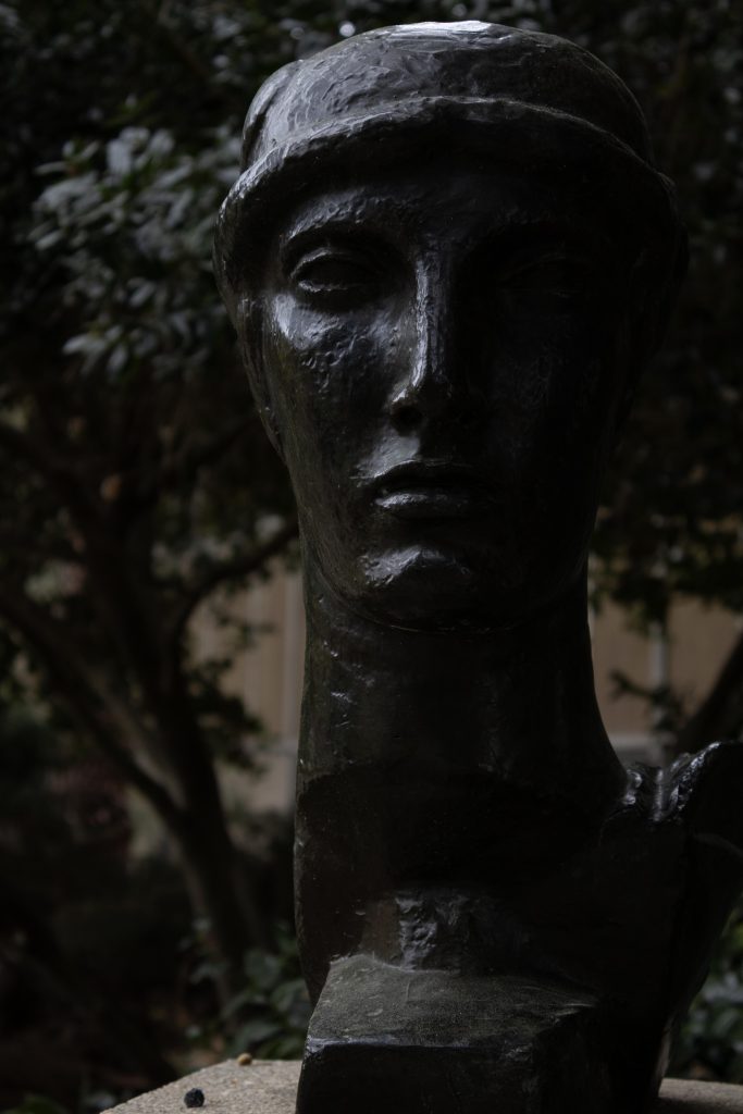 Head of France is a 1923 bust that stands at the southern end of the Franklin D. Murphy Sculpture Garden. It was created by French sculptor Emile-Antoine Bourdelle and gifted to the garden by B. Gerald Cantor in 1968. Photographed by Julia Gu/BruinLife.