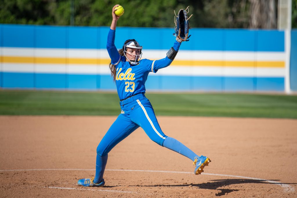 Junior pitcher Taylor Tinsley shows intense focus midway through her delivery. Photographed by Maia Salti/BruinLife.