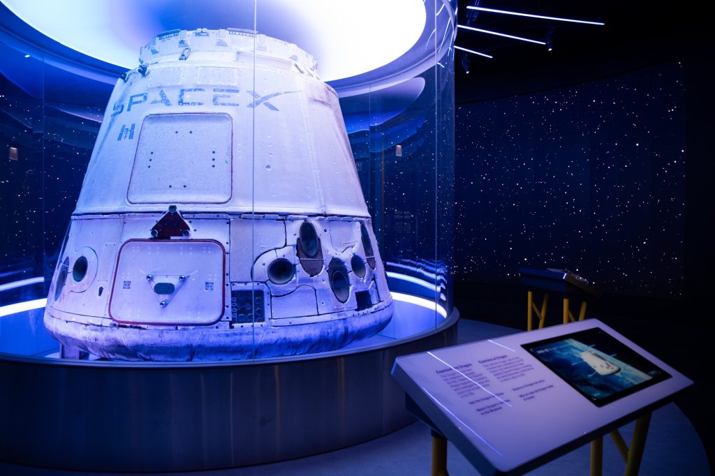 "The Dragon" spacecraft capsule was designed by SpaceX for passenger carrying reusable space flight. The name was given as homage to the Peter, Paul and Mary song "Puff the Magic Dragon." Photographed by Finn Martin/BruinLife.