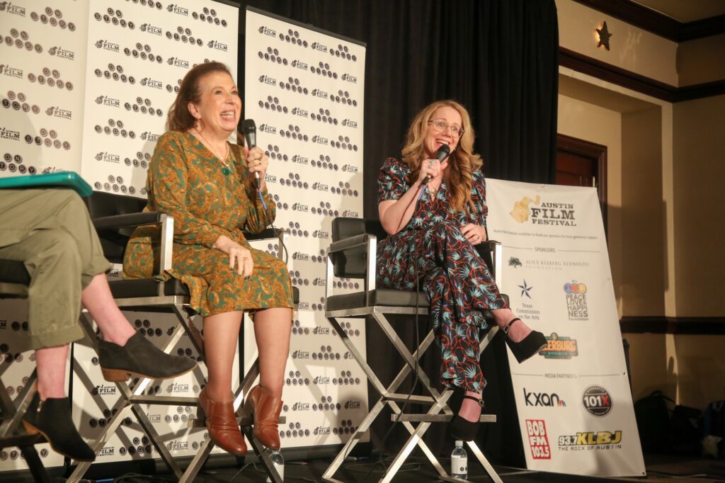 Dana Fox prevents Winnie Holzman from spoiling "Wicked: For Good." Photo courtesy of Austin Film Festival.