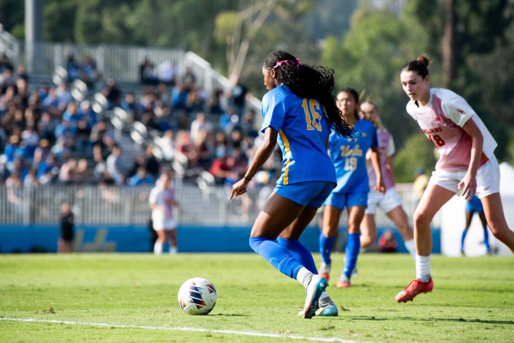 Freshman forward Leena Powell added dozens of yards to the ball's mileage this Sunday. Photographed by Julia Gu/BruinLife.