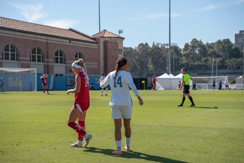 Junior Val Vargas prepares for a UCLA free kick. The Bruins would go on to win 3-0 over the Nebraska Cornhuskers. Photographed by Regan Rhodes/BruinLife.