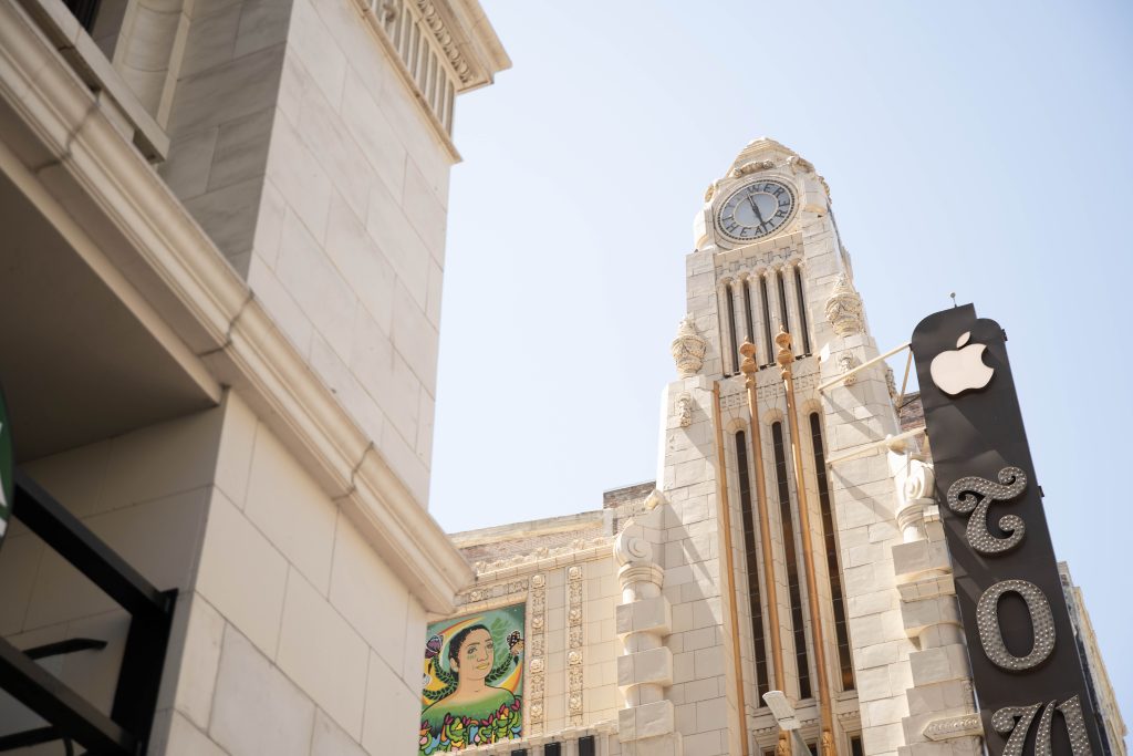 The Tower Theatre's French Baroque style is beautifully lit in the sun. Photographed by Julia Gu/BruinLife.