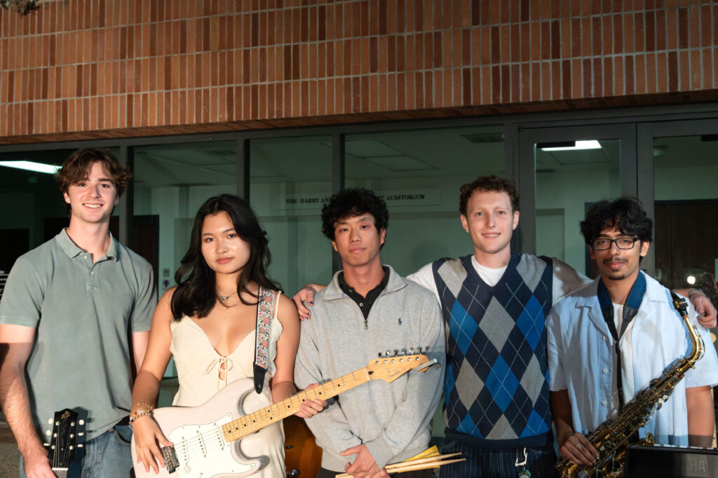 The indie rock band 9 Ball performs as a guest on Fowler Out Loud, the Fowler Museum's music series run for students by students. 9 Ball consists of James Blue, Fiona Kuo, Aiden Cheung, Leo Ellsworth and Jai Raman (left to right). Photographed by Siena Hunt/BruinLife.