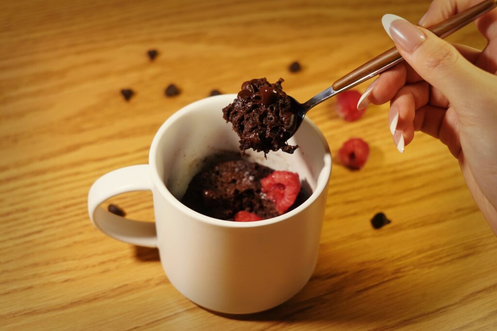 A warm chocolate mug cake with a molten, gooey center. Photographed by Polly Lee/BruinLife.
