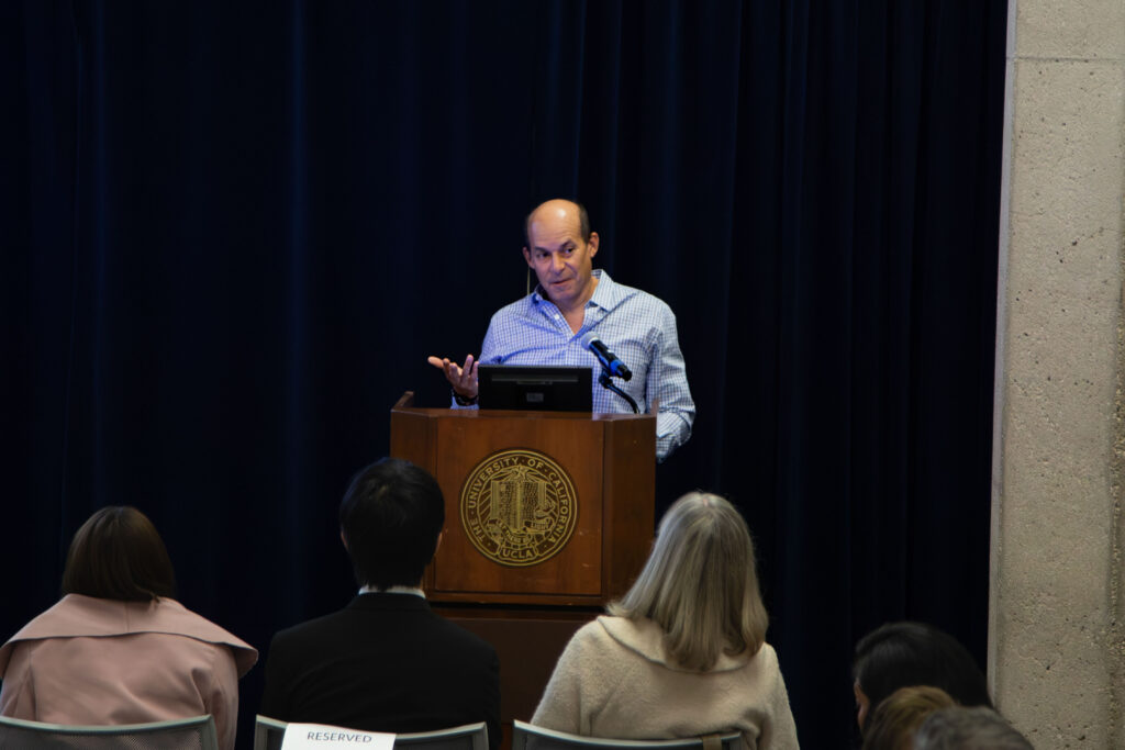 Andres Snaider—business leader, attorney, entrepreneur, and investor—speaks about his work expanding international technology and professional services companies. As a member of the UCLA Foundation Board of Directors, he has advanced philanthropic initiatives, including the Snaider–Garriga Family Scholarship that funds study-abroad experiences for UCLA students. Photographed by Aaron Fu/BruinLife.