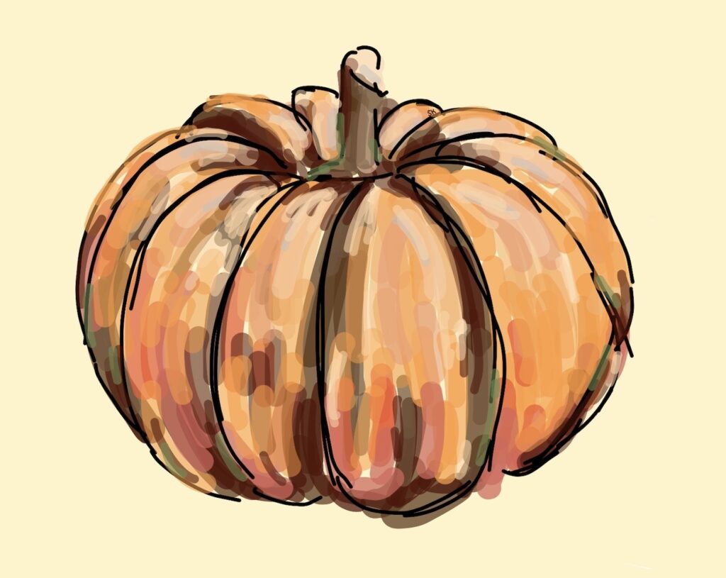 Autumn’s icon—rich in texture, warmth, and seasonal charm. The first thing I think of in the fall is pumpkins and going to pumpkin patches, so I felt it fit the best to illustrate one for the fall season! Illustrated by Shreya Kalyanaraman/BruinLife.
