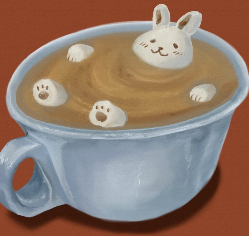 A little cup of autumn comfort—complete with marshmallow critters enjoying a warm swirl of seasonal sweetness. When I think of fall, the first thing that comes to mind is a pumpkin latte. Though I don’t particularly do Thanksgiving, my family celebrates the Mid-Autumn festival, which centers around a folktale about a rabbit on the moon, so I drew a rabbit in the latte to symbolize this holiday! Illustrated by Tess Vo/BruinLife.