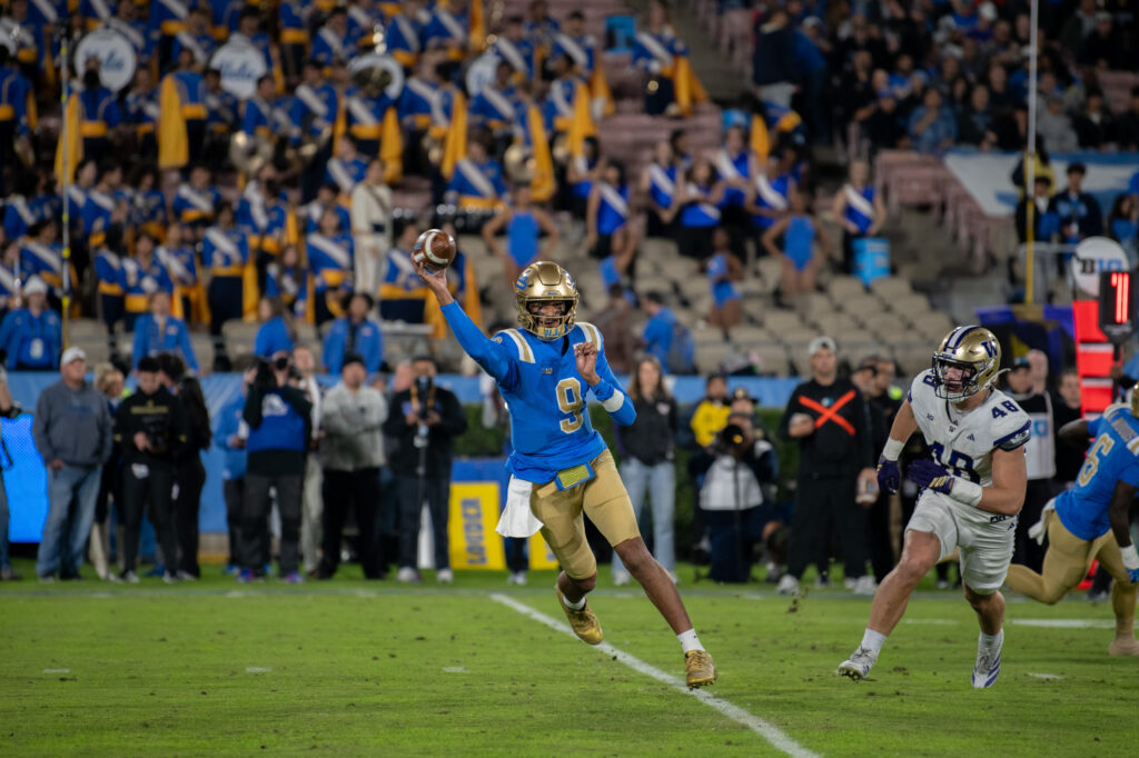 #9, Nico Iamaleava, throws a pass to an open receiver. The quarterback went on to throw 69 yards before getting injured in the 3rd quarter. Photographed by Regan Rhodes/BruinLife.