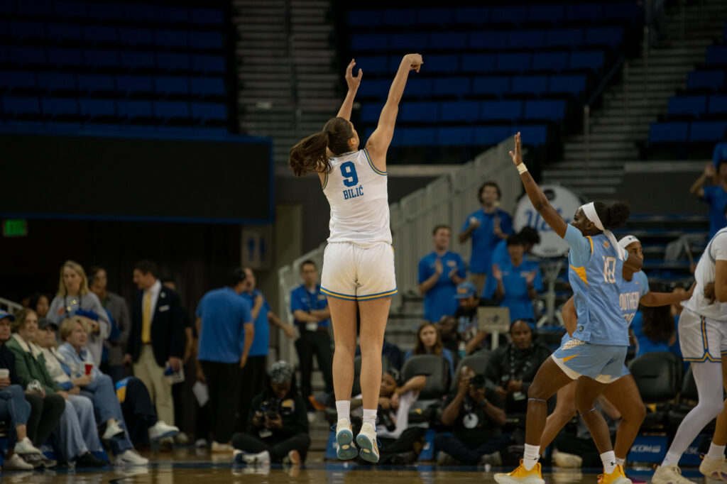 #9 Lena Bilić shoots a 3-pointer in the second quarter against Southern University. The freshman finished with an impressive 14 points and six rebounds against the Jaguars. Photographed by Regan Rhodes/BruinLife.
