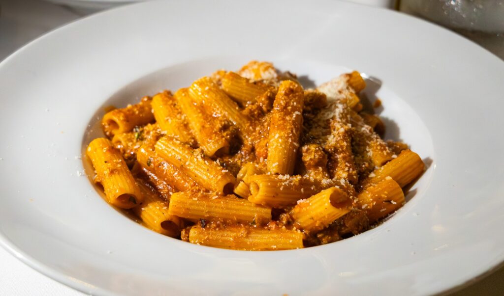 Rigatoni Bolognese with turkey, offering a lighter take on the traditional Italian classic. The result was flavorful and enjoyable to eat. Photographed by Siena Hunt/BruinLife