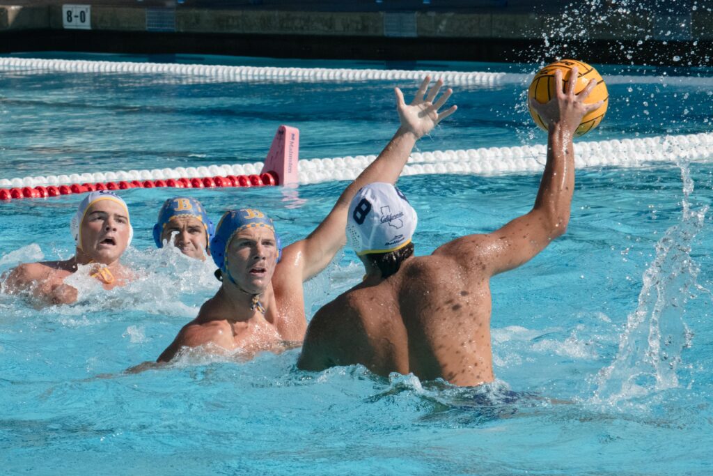 Athletes at UCLA Spieker Aquatics Center in Los Angeles on November 02, 2025. UCLA beat the California Golden Bears in the Men's Water Polo event. Photographed By Asher Nee / BruinLife.