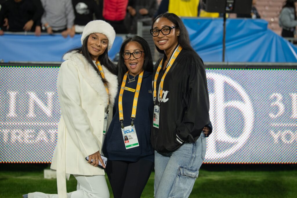 Bri Miranda, Nevaeh Stocker, and Sienna Claiborne stun in their game day fits at UCLA's match up against the Washington Huskies. The ladies were dressed to impress for their on-field appearances after the game. Photographed by Regan Rhodes/BruinLife.